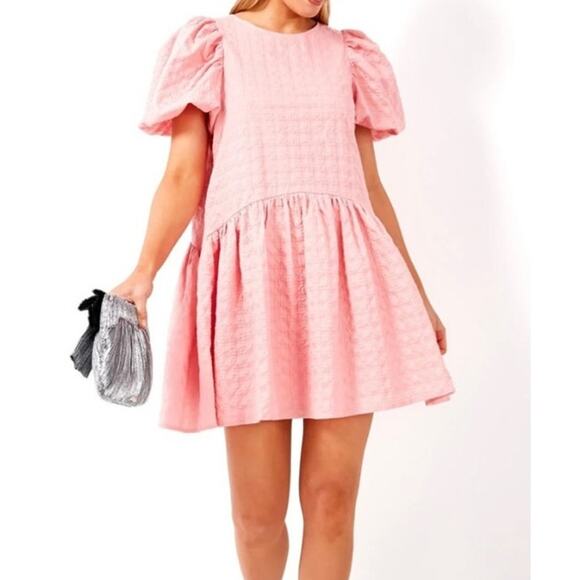 English Factory Penelope Mini Dress Pink Puff Sleeve Tie Back Textured Size S - Picture 1 of 15